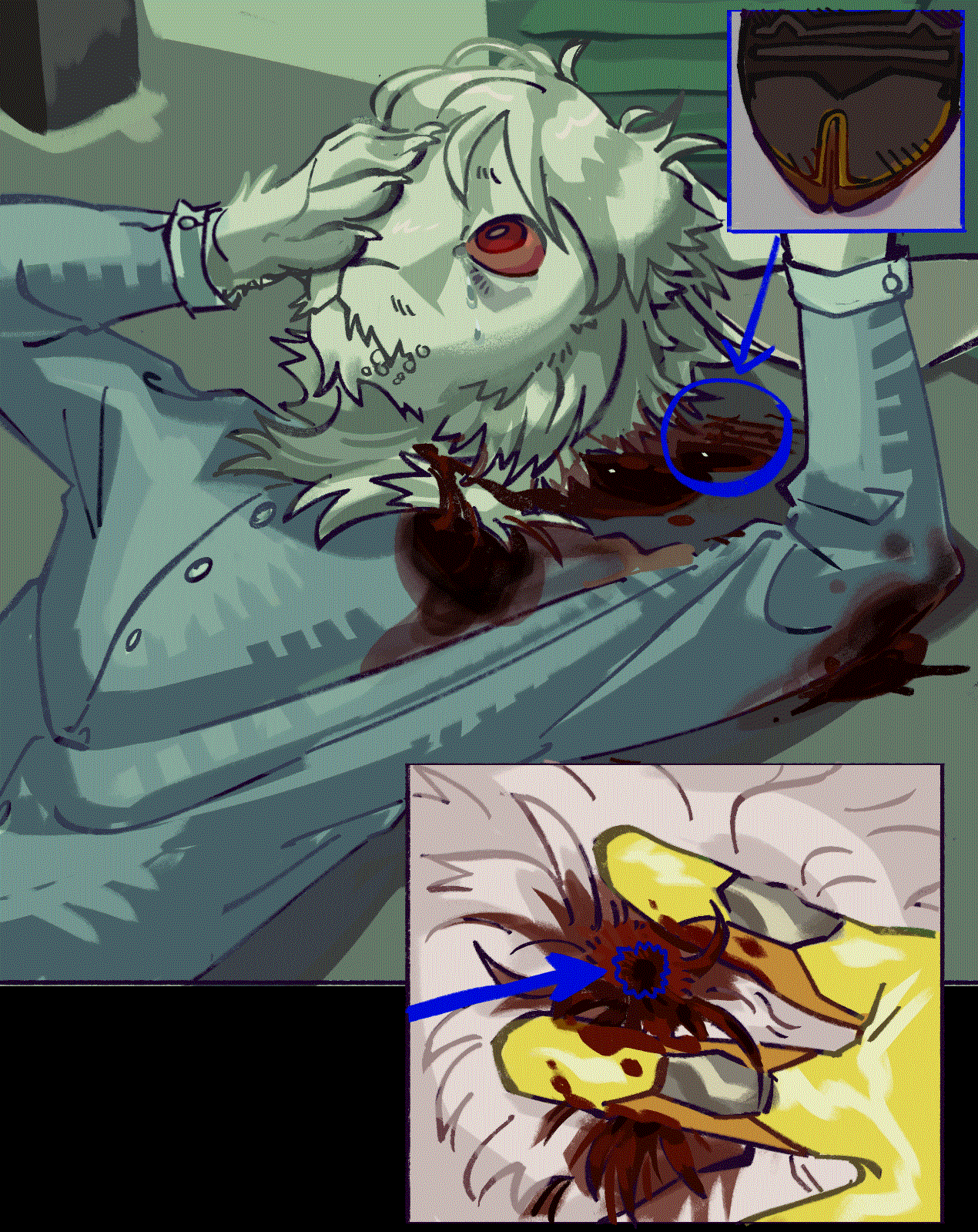 Three images composited into a collage. The largest one depicts the corpse of Brian Tu, with stylet wounds in the neck and arm. His hand is draped over one side his face, and there is a partial shoeprint beside his head. The topmost photo shows the sole of some Maison Margielas that are identical to the footprint. The bottom photo is a closeup of one of the stylet wounds, with a blue outline deliniating the jagged edges from the large amount of pooled blood.